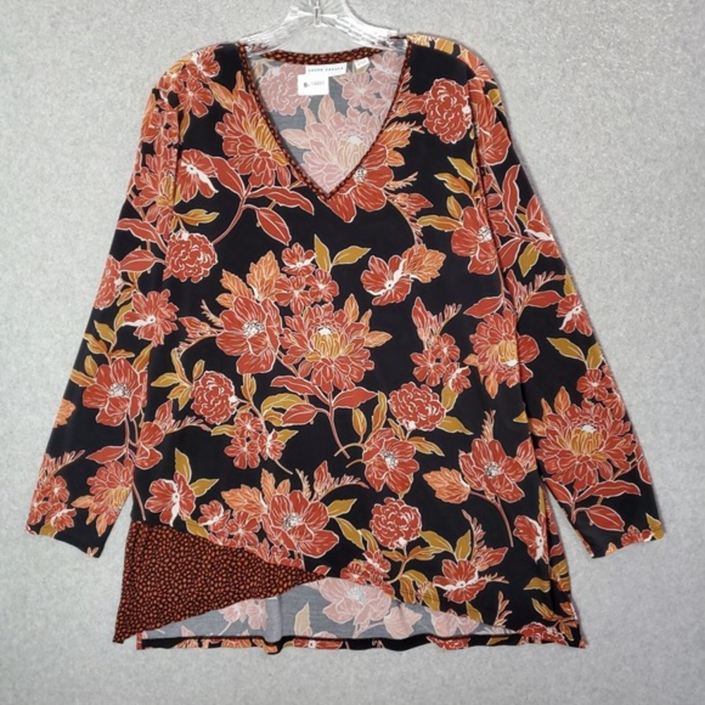 Susan Graver Women Top Large Black Floral Blouse Boho Long Sleeve V Neck Tunic